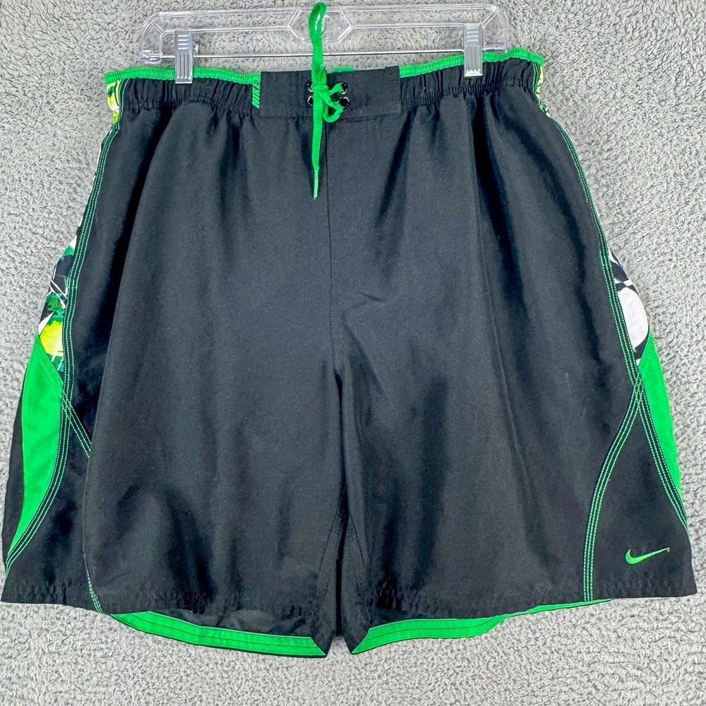 Nike Swim Trunks Shorts Mens 2XL‎ Black Green Mesh Lined Drawstring Palm Print